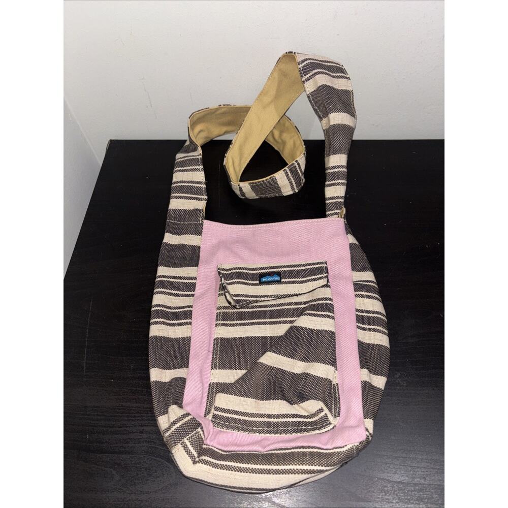 Kavu Sling Bag Crossbody Shoulder Tote Pink Cream/Brown Stripes Canvas Pocket